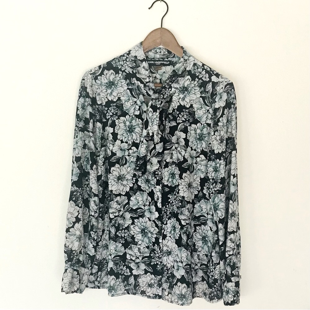 KARL LAGERFELD - Floral Tie Neck Botton Down Blouse L